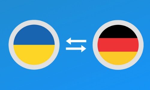 Ukrainisch-Deutsch Die Grafik zeigt zwei Kreise mit weißem Rand auf hellblauem Hintergrund. In dem linken Kreis befindet sich die ukrainische Flagge, in dem rechten die deutsche. Dazwischen zeigen zwei Pfeile in beide Richtungen, um zu symbolisieren, dass eine Übersetzung in beide Richtungen möglich ist.