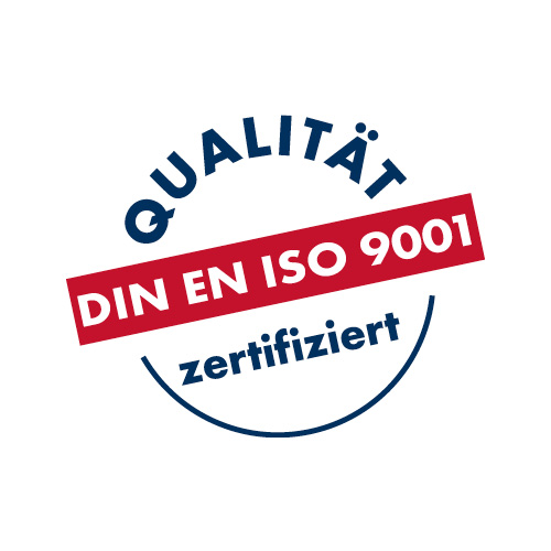 Qualitätssiegel DIN EN ISO 9001 Zertifizierung Ein rundes Logo mit dem Text "Qualität DIN EN ISO 9001 zertifiziert". Der Text "DIN EN ISO 9001" ist in einem roten Kasten hervorgehoben, während "Qualität" und "zertifiziert" in blauem Text darüber und darunter stehen.