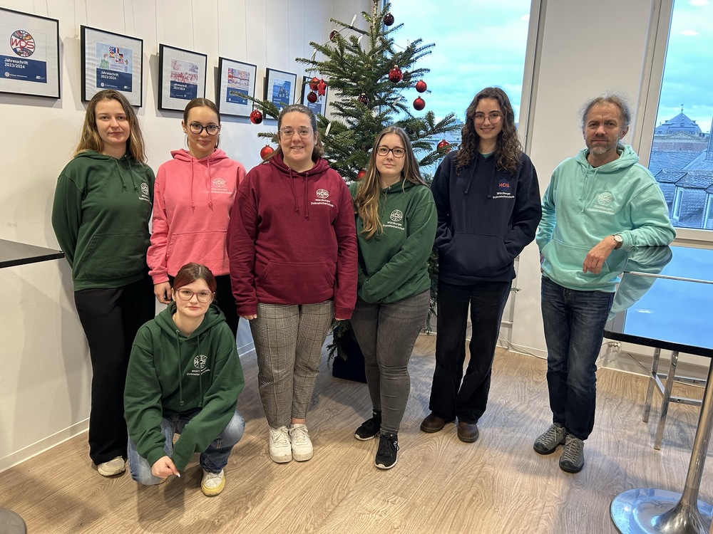 Gruppenbild im WDS-Hoodie Personen vor einem geschmückten Weihnachtsbaum, alle tragen farbige Hoodies mit WDS Logo